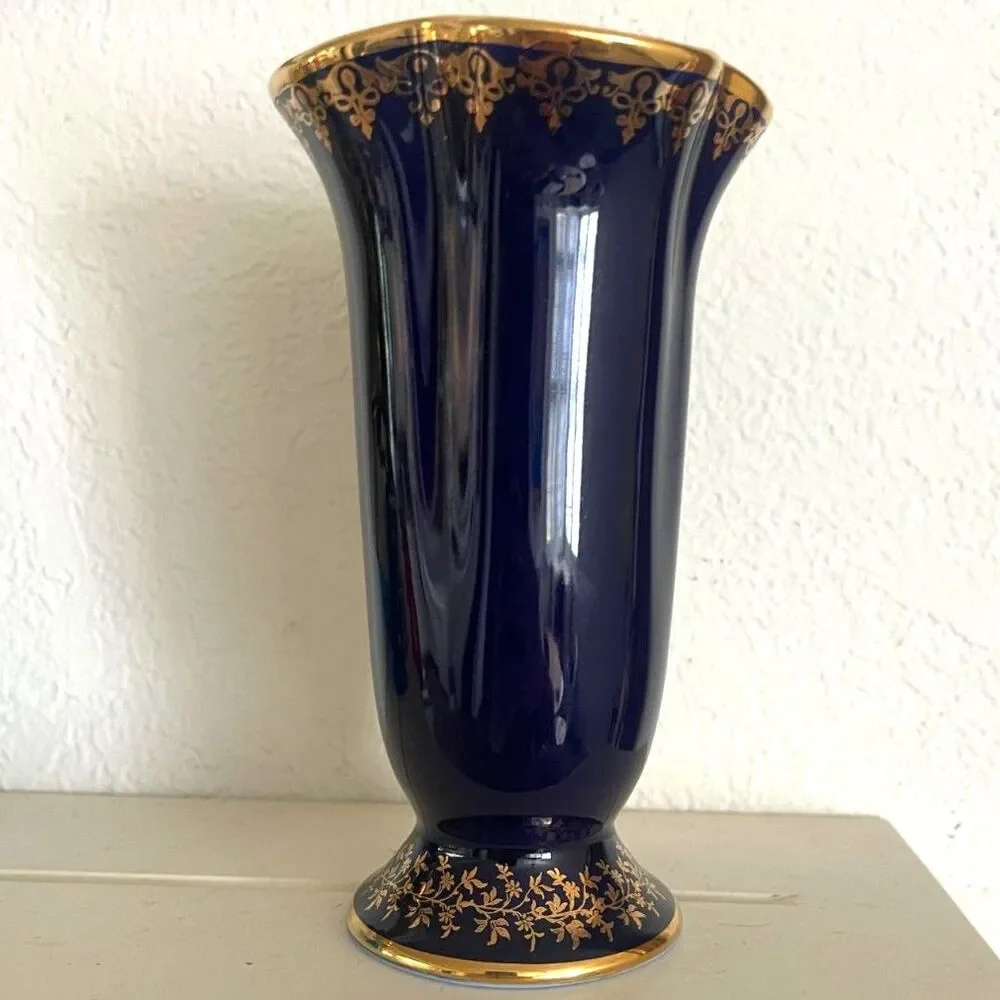 VTG Limoges France Cobalt Blue & Gold Butterfly Floral Vase Diffuse Par Valette